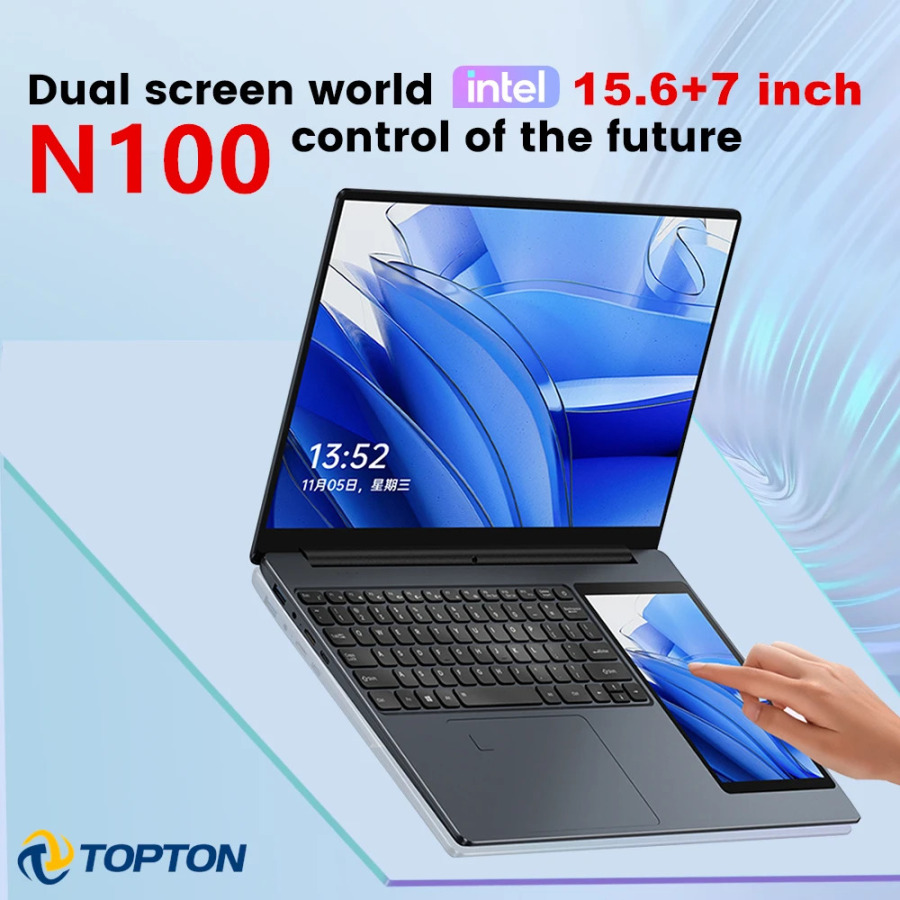Topton L10 ikki ekranli noutbuk: 15,6 dyuymli IPS + 7 dyuymli sensorli, 12-avlod Intel N100, 32 Gb gacha DDR4, 2 TB SSD, nozik ofis noutbuki/kompyuteri