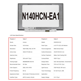 Оригинальный новый A + 14-дюймовый тонкий ЖК-экран для ноутбука N140HCN E5B N140HCN E5C N140HCN EA1 LP140WFF SPC1 LP140WFF SPA1 ФИОЛЕТОВЫЙ 21