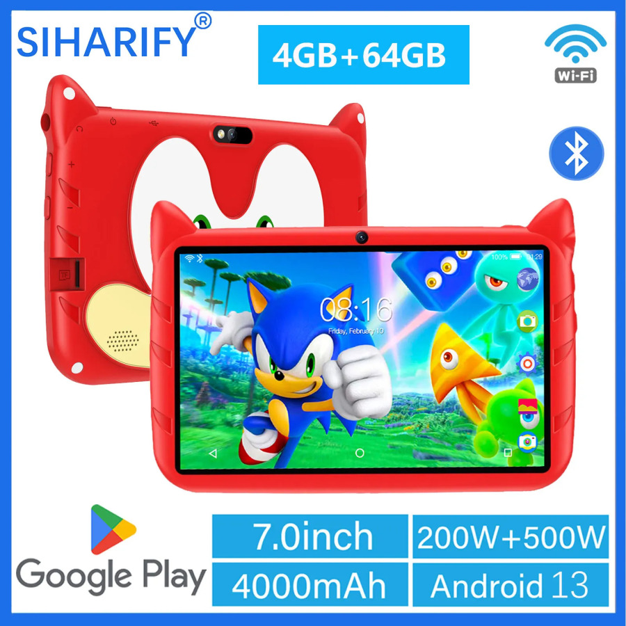 7 dyuymli Android 13 Kids plansheti, 4 GB operativ xotira, 64 GB ROM, 1 TB gacha kengaytiriladigan xotira, Wi-Fi, 4000 mA/soat batareya, qoʻsh kamera, bolalar ilovalari, bolalar sovgʻasi