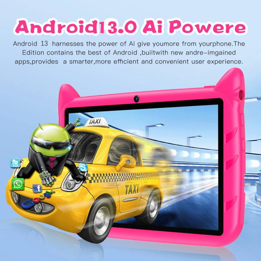 7 dyuymli Android 13 Kids plansheti, 4 GB operativ xotira, 64 GB ROM, 1 TB gacha kengaytiriladigan xotira, Wi-Fi, 4000 mA/soat batareya, qoʻsh kamera, bolalar ilovalari, bolalar sovgʻasi