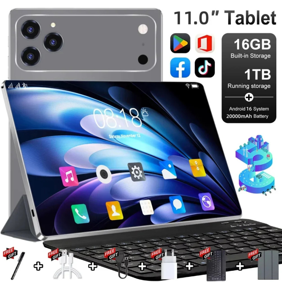 Новый глобальный планшет 2026 года, 11 дюймов, Android 16, Pad 17 Pro Max, 16 ГБ ОЗУ, 1 ТБ ПЗУ, 4K HD, 5G, Wi-Fi, Bluetooth, GPS, 20000 мАч, планшет-телефон