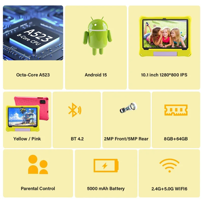 Android 15 da Paitanry 10,1 dyuymli bolalar plansheti, 8 GB (4+4 GB) operativ xotira, 64 GB ROM, 5000 mA/soat, sakkiz yadroli, Wi-Fi, bolalarning oʻqishi va rivojlanishi uchun