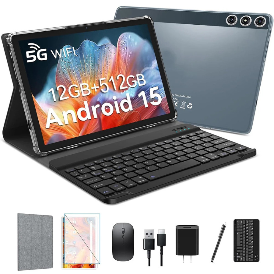 Планшет Npad15 Plus 10.1 дюйма, Android 15, 12 ГБ ОЗУ, 512 ГБ ПЗУ, 5G WiFi, Bluetooth, аккумулятор 7000 мАч, Type-C, с клавиатурой