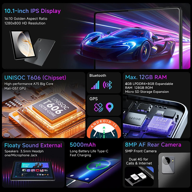 [Мировая премьера] Philips 10,1-дюймовый планшет Android 16, 4 + 8 ГБ ОЗУ, 128 ГБ Unisoc T606, восьмиядерный процессор, 4G VoLTE, GPS-планшеты, глобальная версия