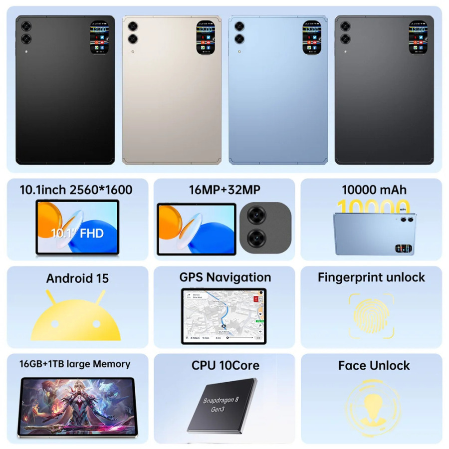 2026 Pad 7s Pro Tablet 16 ГБ + 1 ТБ Аккумулятор 10000 мАч 10,1 дюйма Android 15 Планшетный ПК Глобальная версия 5G WIFI Dual SIM-карты для детей