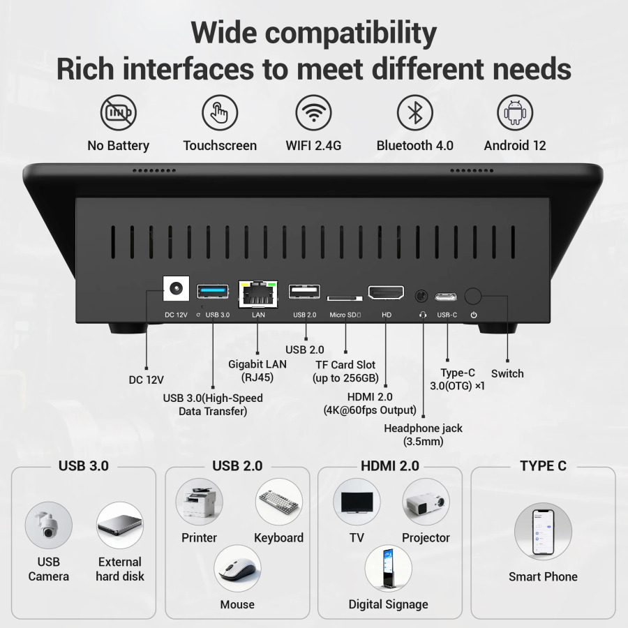 10,1-дюймовый сенсорный экран FHD 1920x1080, промышленный моноблок на Android 12, защищенный планшетный монитор, 4 ГБ ОЗУ, 64 ГБ ПЗУ, настольный компьютер