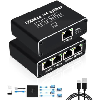 LAN uchun USB quvvat kabeli bilan yuqori tezlikda Ethernet Splitter 1-4 Gigabit Internet Tarmoq Distribyutori RJ45