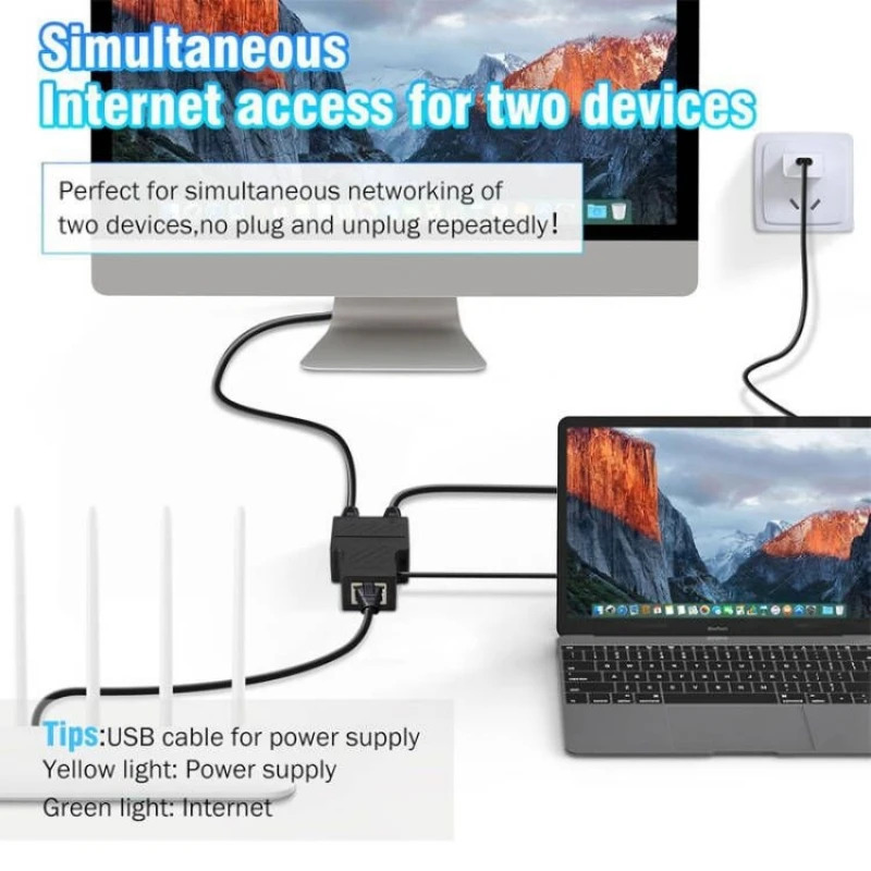 Разветвитель Ethernet Cat 5/6/7/8, кабель от 1 до 2, сетевой коммутатор с USB-шнуром питания, RJ45, 1 в 2-out, одновременно подключен к сети с 2 устройствами
