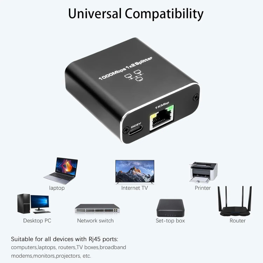 Разветвитель Ethernet Cat 5/6/7/8, кабель от 1 до 2, сетевой коммутатор с USB-шнуром питания, RJ45, 1 в 2-out, одновременно подключен к сети с 2 устройствами
