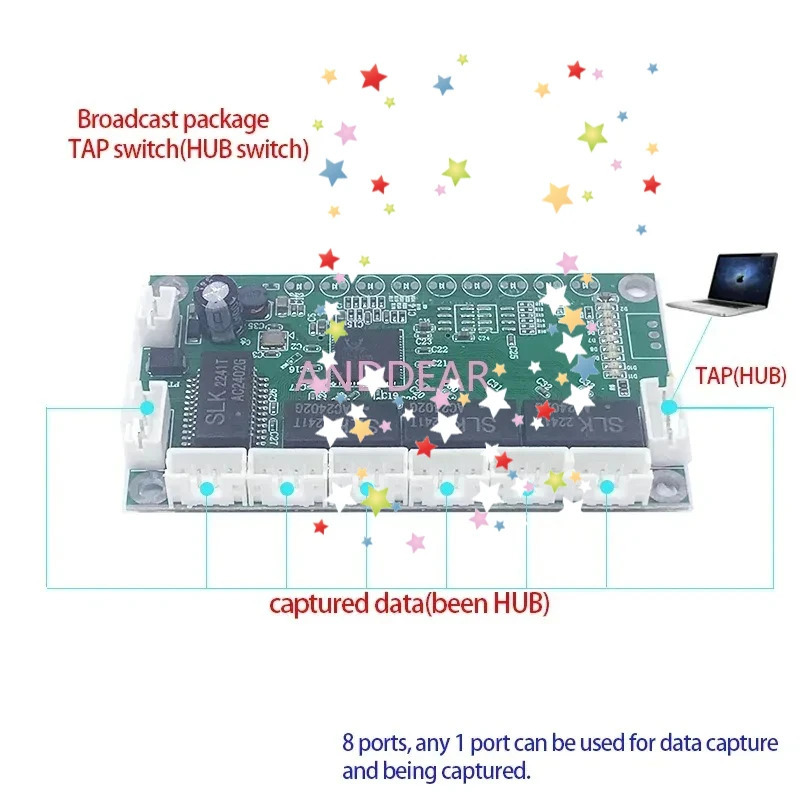 HUB TAP 8-портовый сетевой коммутатор Ethernet TAP 100 Мбит/с Зеркальное и зеркальное хранилище пакетов для захвата пакетов для передачи данных