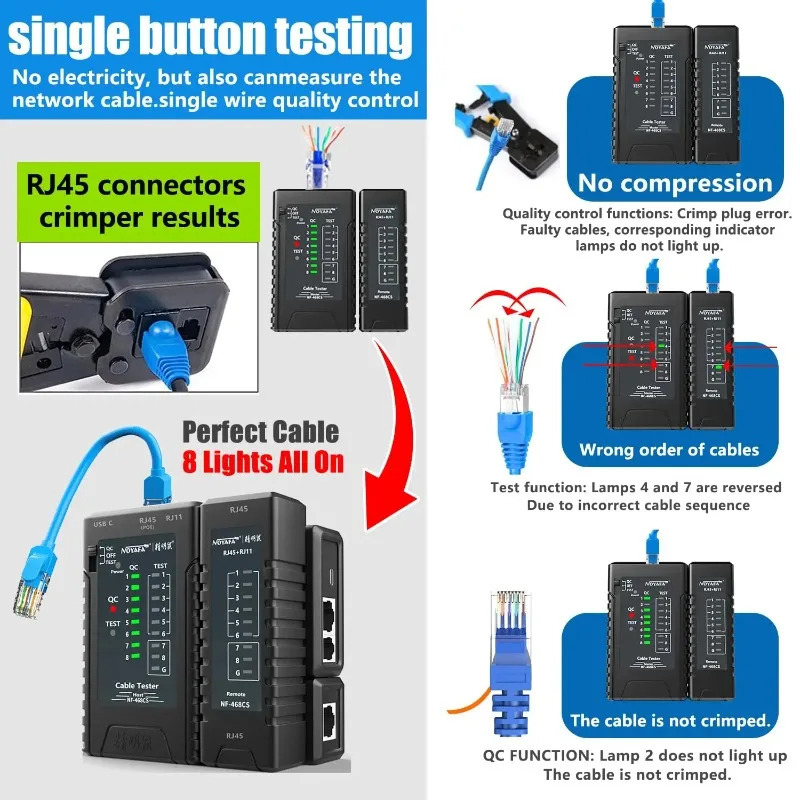 NOYAFA NF-468CS Yagona RJ45/RJ11 Yagona ulagichli tarmoq kabeli sinov qurilmasi Batareya bilan ishlaydigan chiziqni aniqlash vositasi