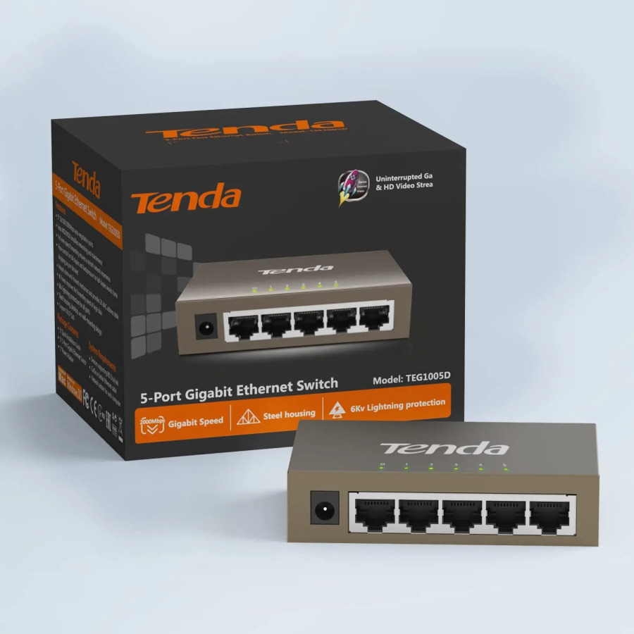 Коммутатор Tenda 5-портовый, Full Gigabit, 1000 Мбит/с, интеллектуальный, для настольного использования, Fast Ethernet, для камер видеонаблюдения