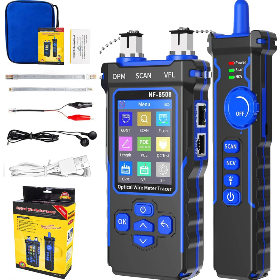 NOYAFA NF-8508 RJ11/45 tarmoq kabeli sinov qurilmasi LCD displey Raqamli tarmoq liniyasini qidirish sim kuzatuvchisi PoE tekshiruvi optik sim oʻlchagich