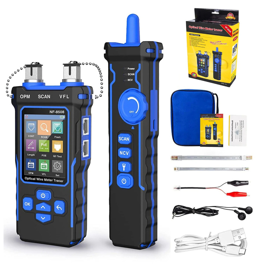 NOYAFA NF-8508 RJ11/45 tarmoq kabeli sinov qurilmasi LCD displey Raqamli tarmoq liniyasini qidirish sim kuzatuvchisi PoE tekshiruvi optik sim oʻlchagich