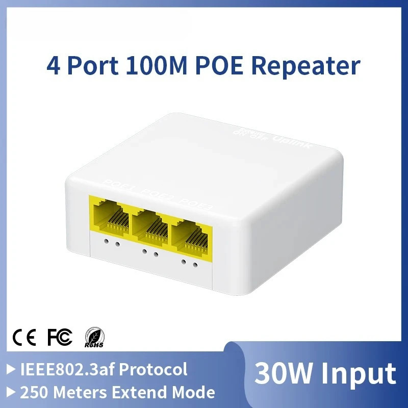 3-портовый PoE-удлинитель 100M, сетевой коммутатор-повторитель 100M IEEE802.3af/at, Plug&Play для PoE-коммутаторов, NVR, IP-камер, точек доступа