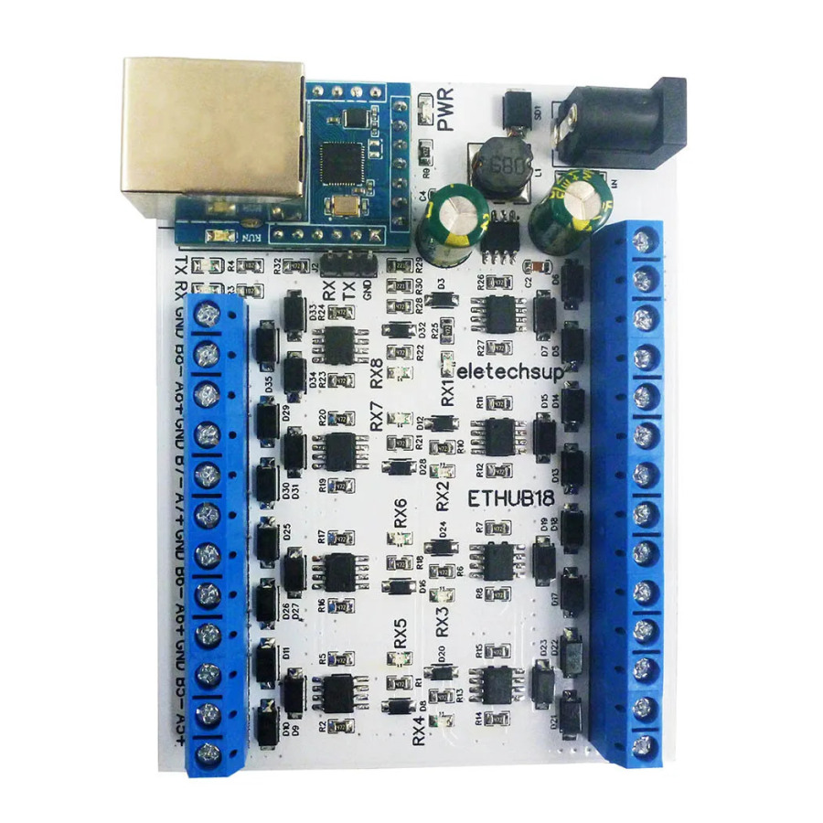 Конвертер-хаб Ethernet RJ45 (1-8 портов) в 8-портовый RS485 для UDP TCP Modbus TCP RTU MQTT HTTP с программным обеспечением для конфигурации ПЛК