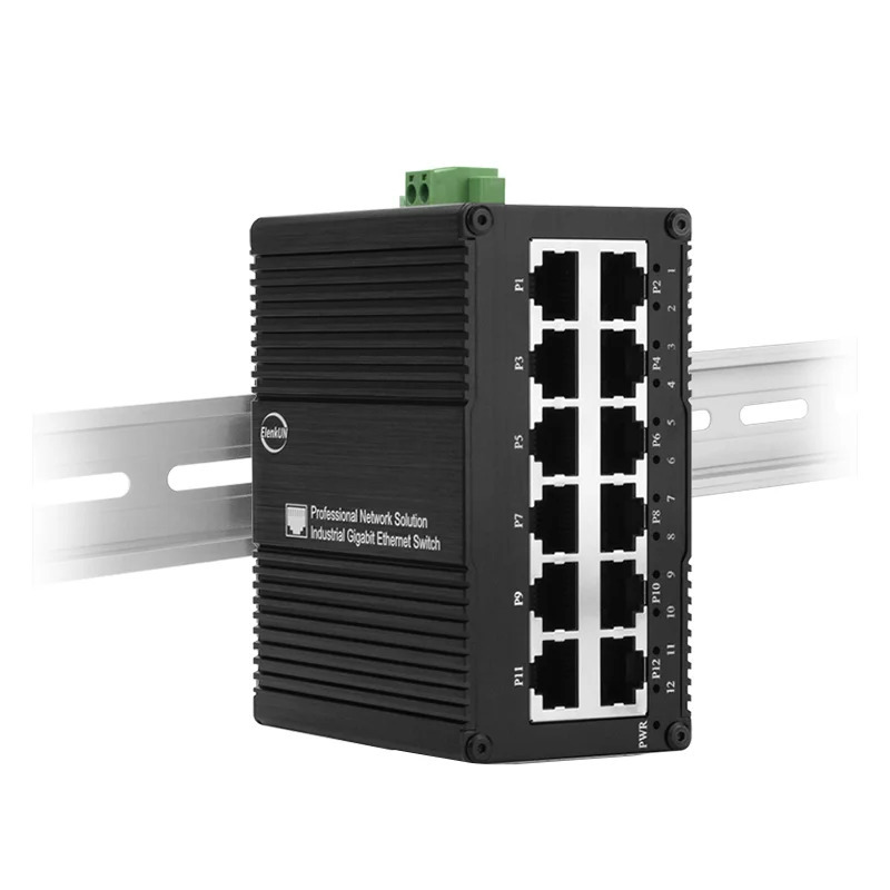 Sanoat 12 portli Ethernet kaliti Gigabit PoE tarmoq kaliti DIN relsli oʻrnatish boshqarilmaydigan RJ45 1000M kaliti IE 802.3af/at/bt