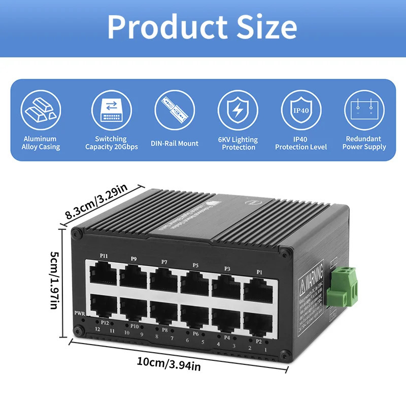 Sanoat 12 portli Ethernet kaliti Gigabit PoE tarmoq kaliti DIN relsli oʻrnatish boshqarilmaydigan RJ45 1000M kaliti IE 802.3af/at/bt