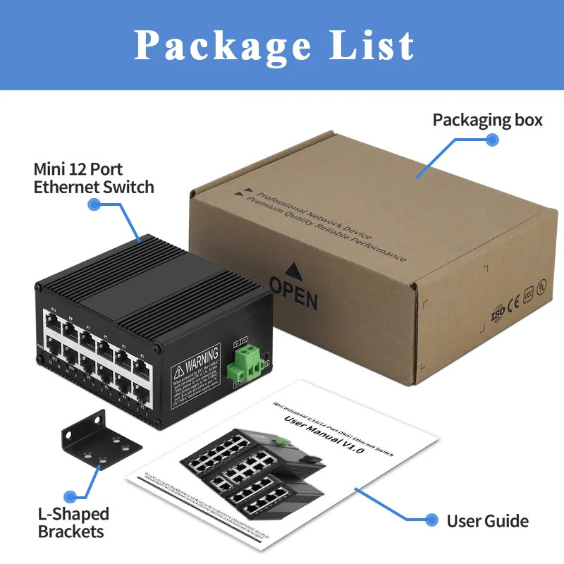 Sanoat 12 portli Ethernet kaliti Gigabit PoE tarmoq kaliti DIN relsli oʻrnatish boshqarilmaydigan RJ45 1000M kaliti IE 802.3af/at/bt