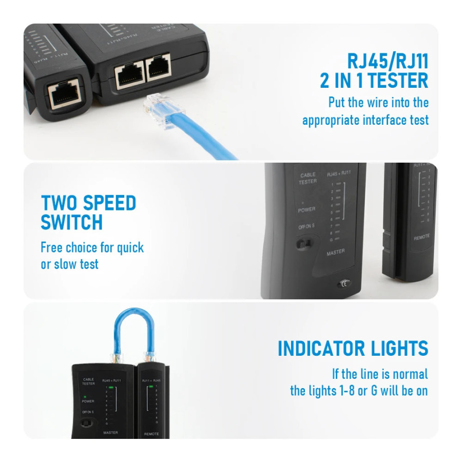 RJ11, RJ12, LAN, RJ45, Cat5, Cat5e, Cat6, Cat6a, Cat7, UTP/STP, RJ11 telefon kabellarini qoʻllab-quvvatlaydigan tarmoq kabeli sinov qurilmasi