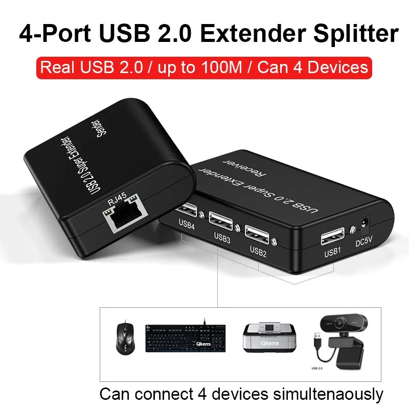 Настоящий 4-портовый сетевой удлинитель USB 2.0 через кабель Ethernet RJ45 Cat5e Cat6 100 м для веб-камеры, камеры, мыши, клавиатуры, принтера, сканера