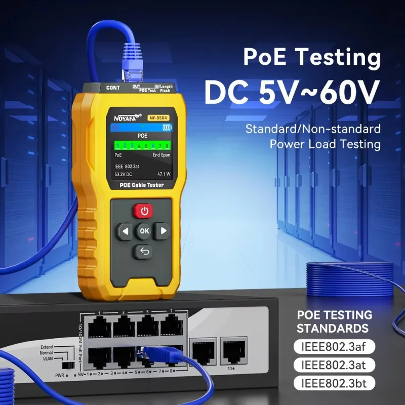Тестер сетевого кабеля Noyafa NF-8504 на 300 метров, тестер RJ45, тестер PoE, измеритель напряжения и тока, с функцией тестирования кабелей LAN