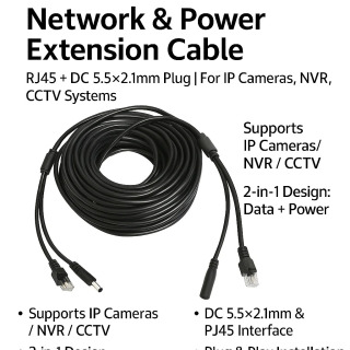 5-50M PoE kengaytirish kabeli + DC quvvat kabeli |   8-simli Ethernet kabeli + 2-simli 5,5x2,1 mm ulagich | NVR CCTV tizimi uchun suv oʻtkazmaydigan IP kamera