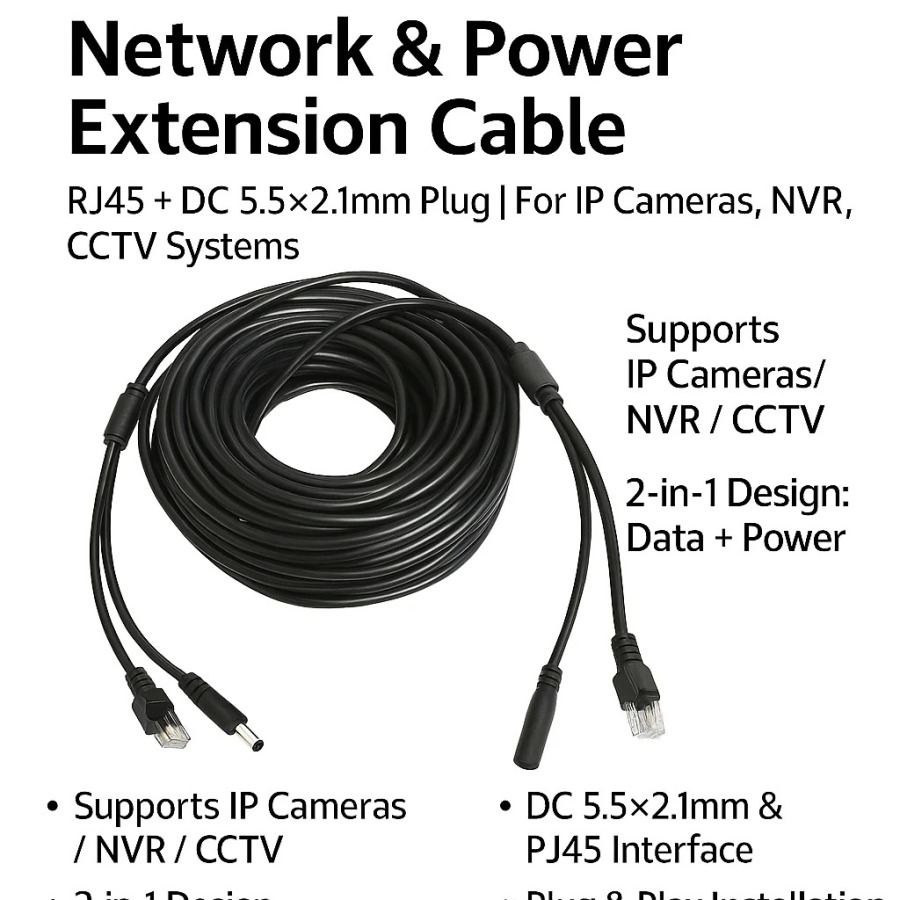 5-50M PoE kengaytirish kabeli + DC quvvat kabeli |   8-simli Ethernet kabeli + 2-simli 5,5x2,1 mm ulagich | NVR CCTV tizimi uchun suv oʻtkazmaydigan IP kamera