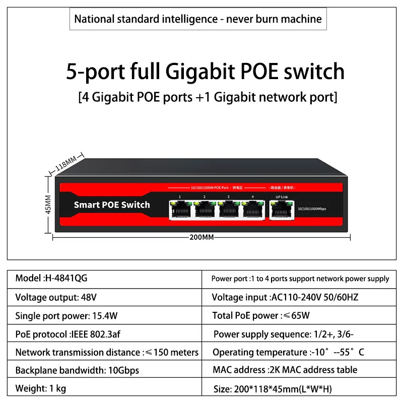 Gigabit Ethernet kaliti 5 portli tarmoq kaliti 48V POE Network Extender ish stoli 100/1000Mbps APP tomonidan boshqariladigan SFP kaliti
