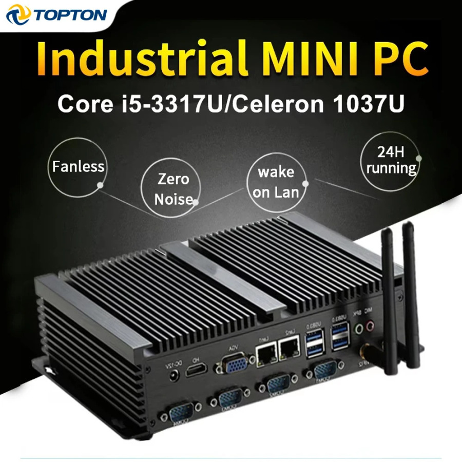 Sanoat fansiz mini kompyuter Intel i5-3317U Celeron 1037U Ikkita LAN porti 4 RS232 8 USB HDMI VGA Windows XP/7/10 Sanoat uchun IoT kompyuter