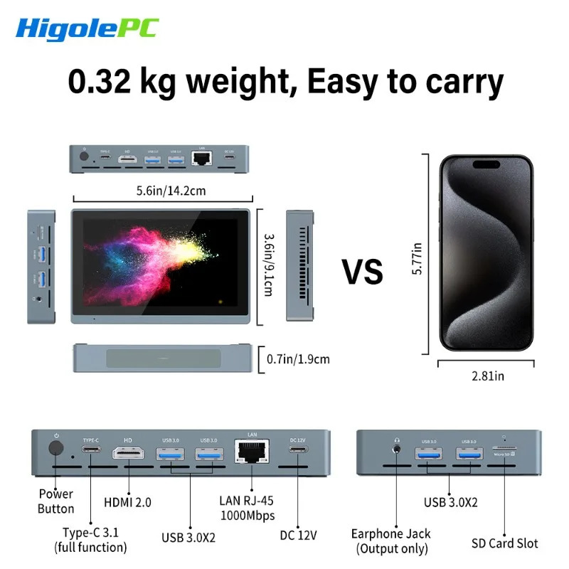 Промышленный мини-компьютер Higole Gole 2 Pro 5.5" Intel Win11 8/16 ГБ ОЗУ 4K для ИИ/Автоматизации/Образования, портативный ПК