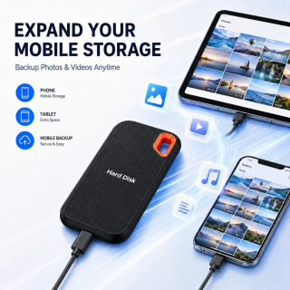 Maʻlumotlar, hujjatlar, musiqa va filmlarni mobil saqlash uchun tashqi USB-C qattiq diski, maʻlumotlarni uzatish funktsiyasi bilan