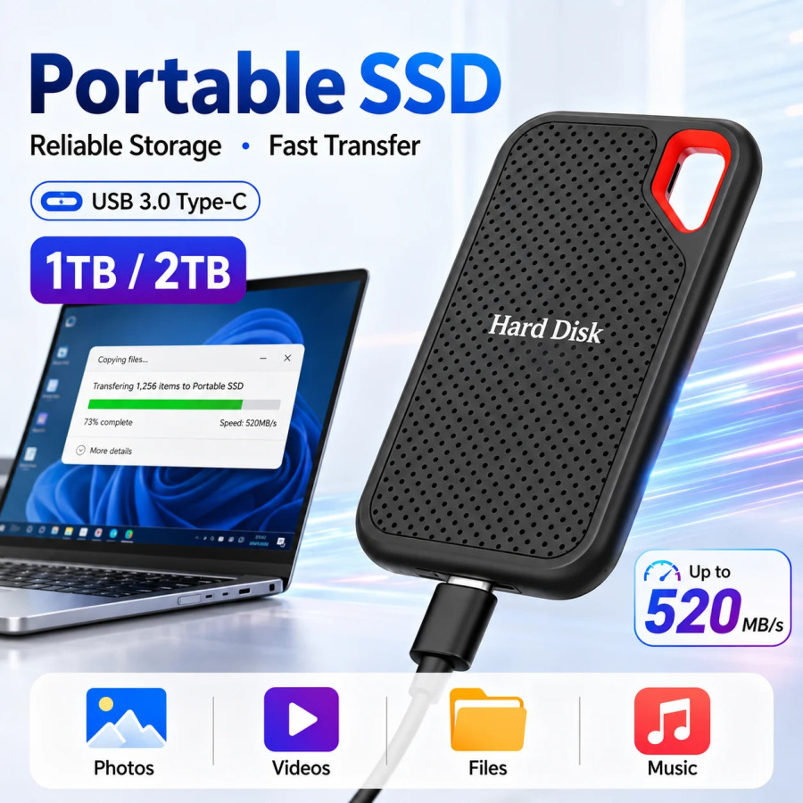 Maʻlumotlar, hujjatlar, musiqa va filmlarni mobil saqlash uchun tashqi USB-C qattiq diski, maʻlumotlarni uzatish funktsiyasi bilan