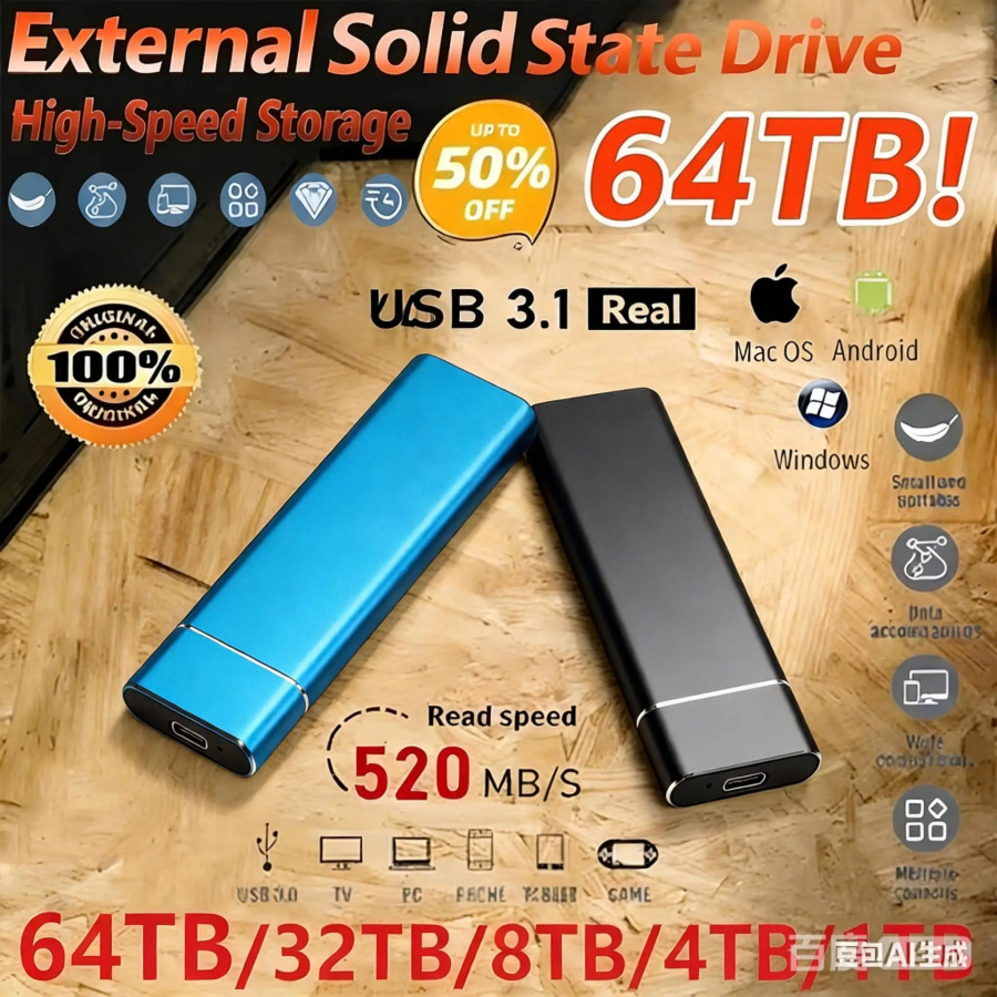 Laptop/ish stoli/Mac/mobil telefonlar uchun katta sigʻimli Type-C interfeysli tashqi SSD 4TB tezkor USB3.1 portativ tashqi disk