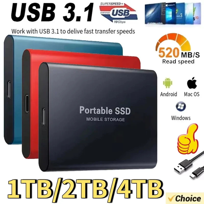 【Brand+】Новый внешний SSD 2026 года, 1 ТБ/2 ТБ/4 ТБ, прочный портативный накопитель, высокоскоростной оригинальный твердотельный диск для ПК/ноутбука/телефона/Mac