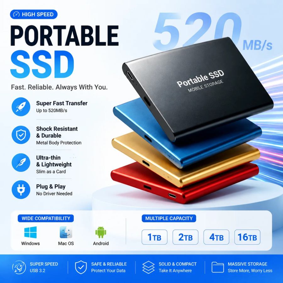 Yuqori tezlikli 128TB tashqi SSD, 2TB portativ SSD, noutbuk/Mac/kompyuter/telefon uchun 4TB tashqi qattiq disk