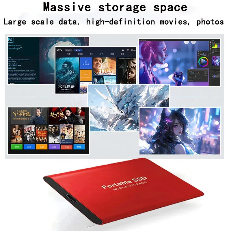 Yuqori tezlikli 128TB tashqi SSD, 2TB portativ SSD, noutbuk/Mac/kompyuter/telefon uchun 4TB tashqi qattiq disk