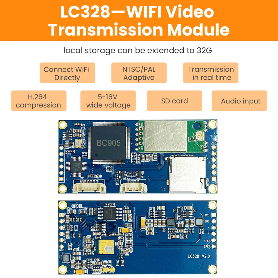 Simsiz video uzatish modullari, infraqizil kamera uchun CVBS to Wi-Fi tasvir uzatgichi, NTSC/PAL adaptiv, FPV, 32G, LC328