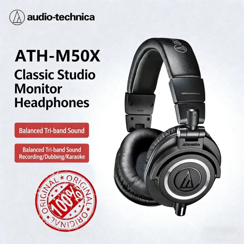Professional studiya monitori naushniklari Audio-Technica ATH-M50x Hi-Fi simli ulanishi, katlanadigan dizayni va toʻliq oʻlchamli quloq yostiqchalari.