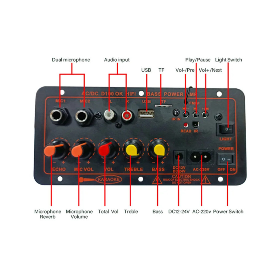 200W Bluetooth 5.0 MP3 kuchaytirgich platasi 12V 24V ikkita mikrofon moduli AMP USB TF FM Subwoofer uchun yoʻqolmaydigan avtomobil musiqasi bas tovushi