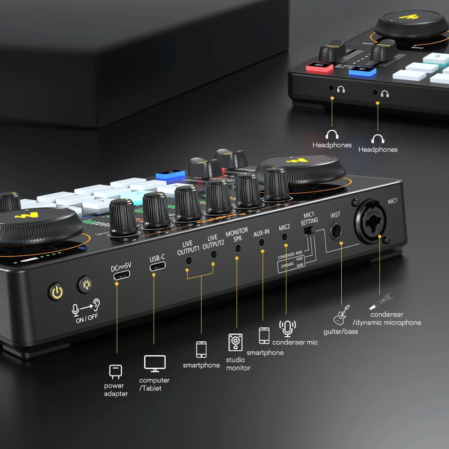 Звуковая карта Maonocaster AME2, аудиоинтерфейс Maonocaster, оборудование для подкастов, студийный универсальный микшер для прямой трансляции, гитары, ПК