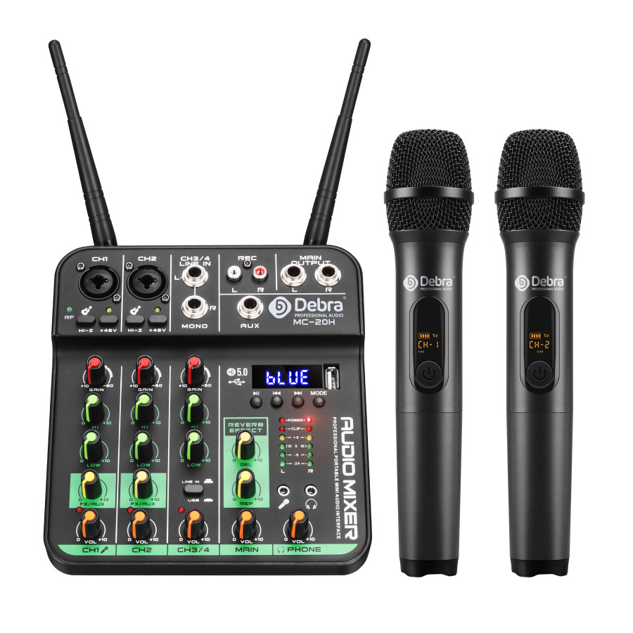 Аудиомикшер с 2 беспроводными микрофонами Звуковая карта 4-канальный UHF USB задержка Repaeat Effect Консоль для микширования звука Запись на ПК