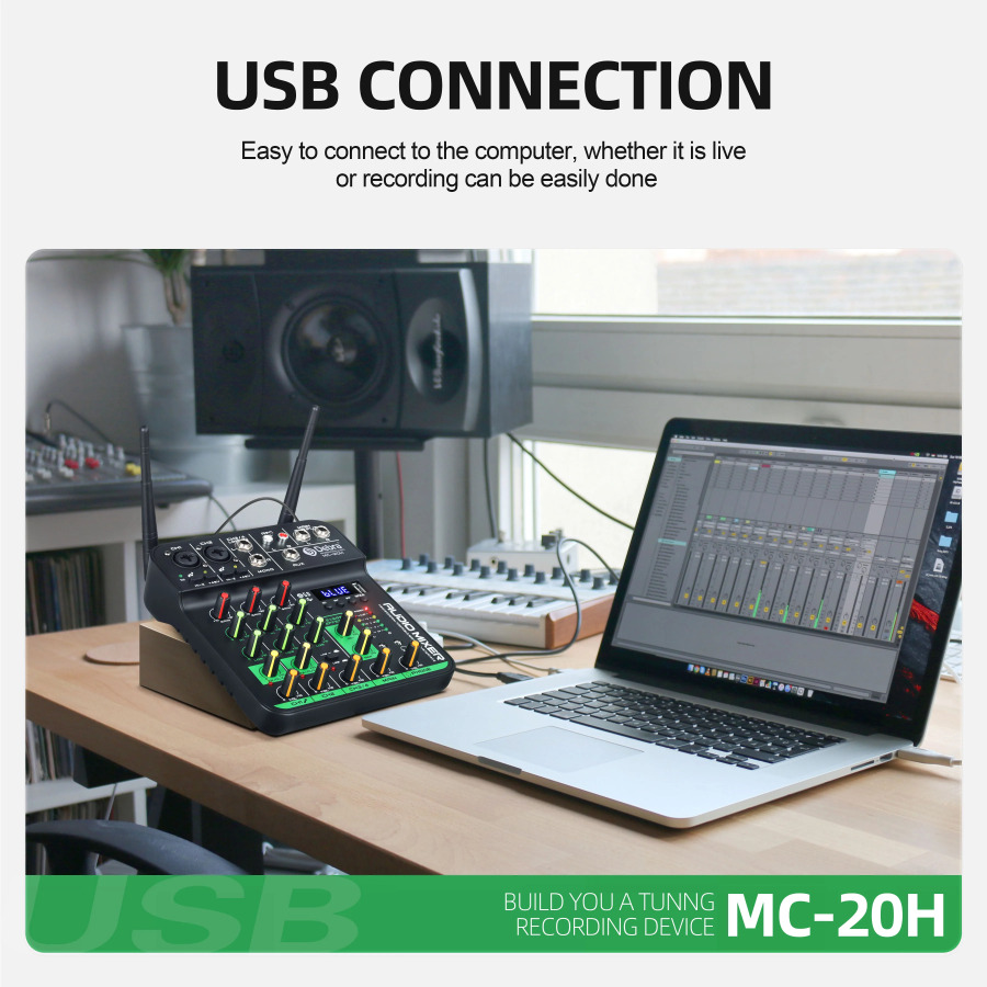 Аудиомикшер с 2 беспроводными микрофонами Звуковая карта 4-канальный UHF USB задержка Repaeat Effect Консоль для микширования звука Запись на ПК
