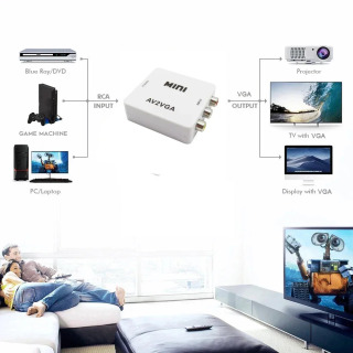 1080P Mini AV RCA CVBS-dan VGA-ga video konvertordan 3,5 mm audio qoʻllab-quvvatlovchi PAL NTS video adapterli televizor pristavkasi kompyuter monitori