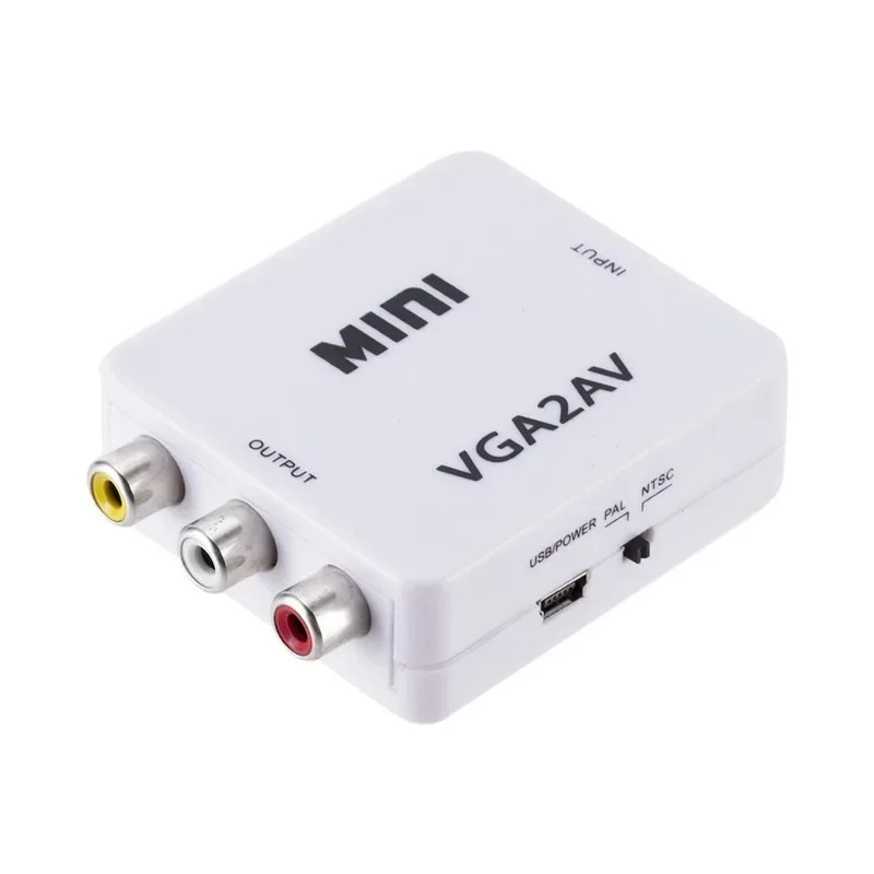 1080P Mini AV RCA CVBS-dan VGA-ga video konvertordan 3,5 mm audio qoʻllab-quvvatlovchi PAL NTS video adapterli televizor pristavkasi kompyuter monitori