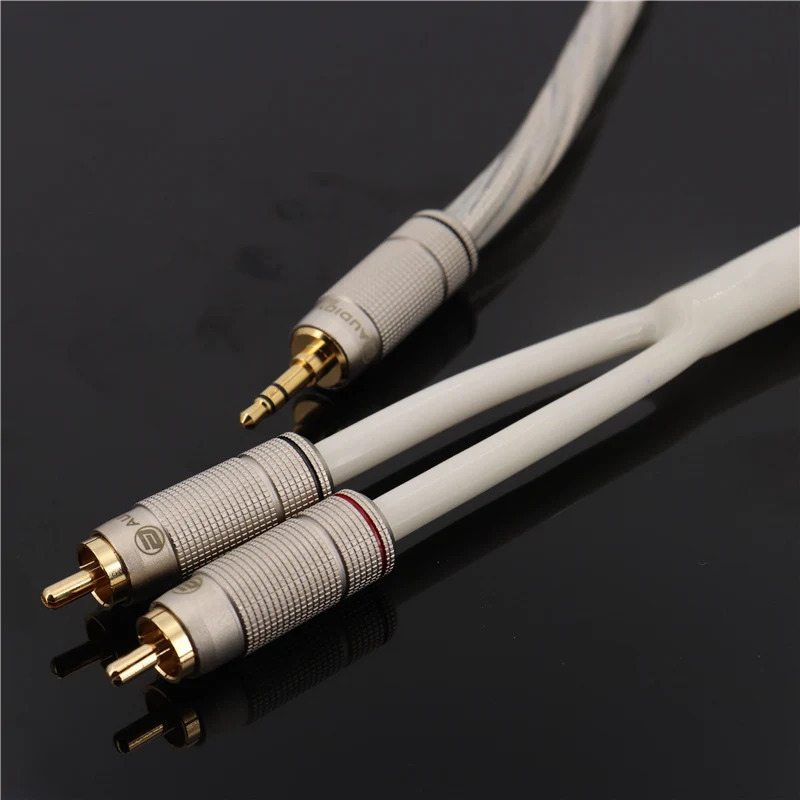 AUDIOMECA 3.5 AUX dan 2 gacha RCA kabeli Kumush qoplangan oʻtkazgichli isitma audio kabeli