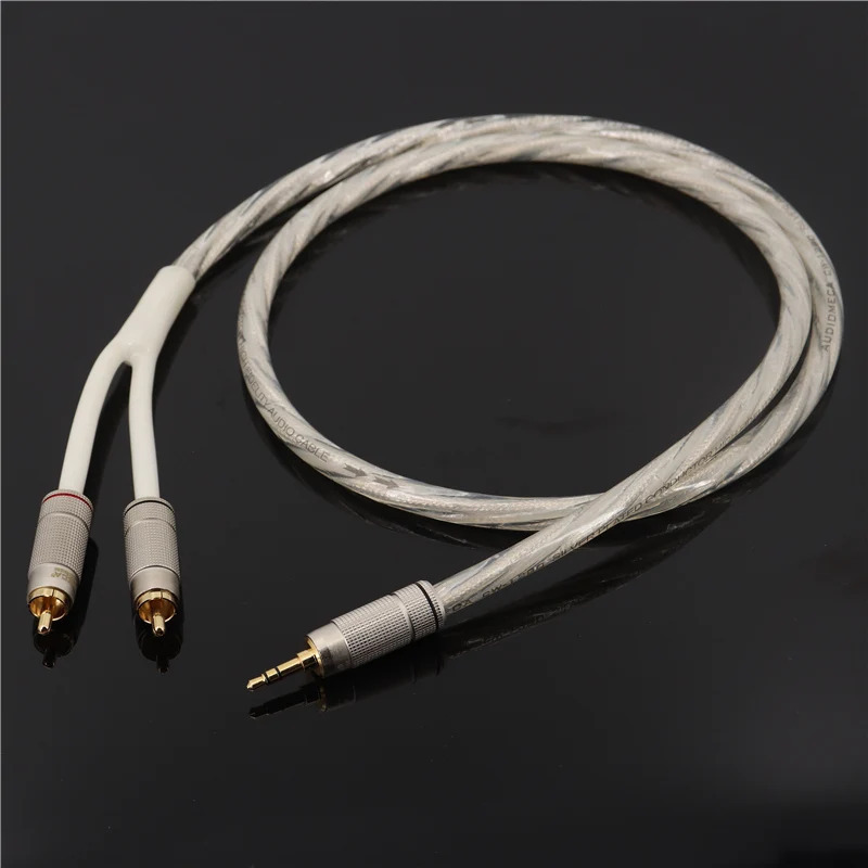 AUDIOMECA 3.5 AUX dan 2 gacha RCA kabeli Kumush qoplangan oʻtkazgichli isitma audio kabeli