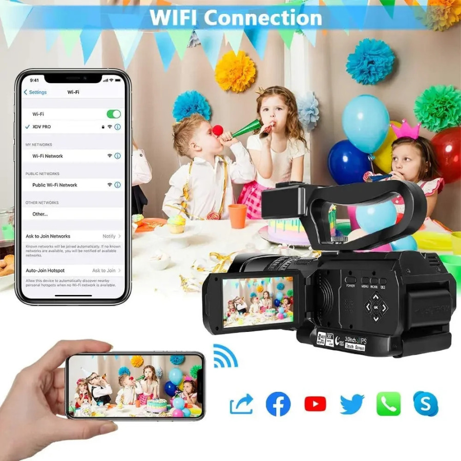 Fotosurat va video uchun 4K HD videokameralar, 64 MP, Wi-Fi, jonli efir uchun veb-kamera, YouTube vlogging uchun 18x raqamli zoomli videokamera