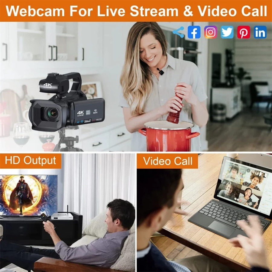 Fotosurat va video uchun 4K HD videokameralar, 64 MP, Wi-Fi, jonli efir uchun veb-kamera, YouTube vlogging uchun 18x raqamli zoomli videokamera