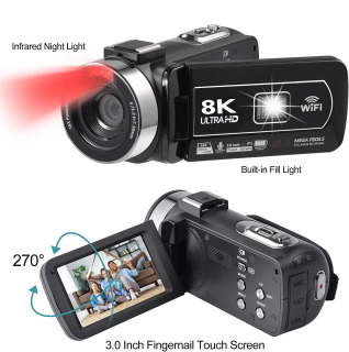 Raqamli video vlogging kamerasi 8K 64MP 18x kattalashtirish, 3 dyuymli sensorli ekranli WIFI, IR tungi koʻrish bilan sekin harakatda yozib olish